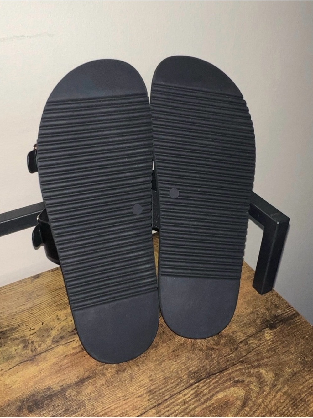 Steve Madden Black Slide Sandals with Gold Buckles - Picture 3 of 4